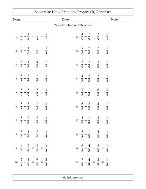 Soustraire deux fractions propres avec des dénominateurs égaux, résultats en fractions propres, et avec simplification dans tous les problèmes (Remplissable) (B) page 2