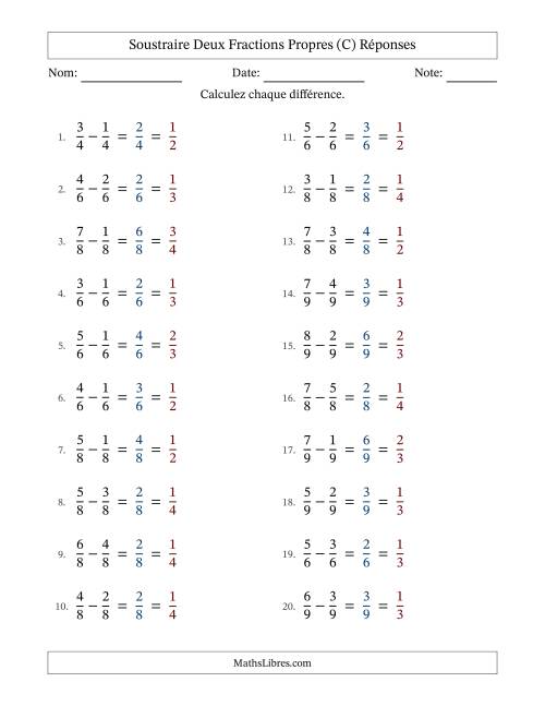 Soustraire deux fractions propres avec des dénominateurs égaux, résultats en fractions propres, et avec simplification dans tous les problèmes (Remplissable) (C) page 2