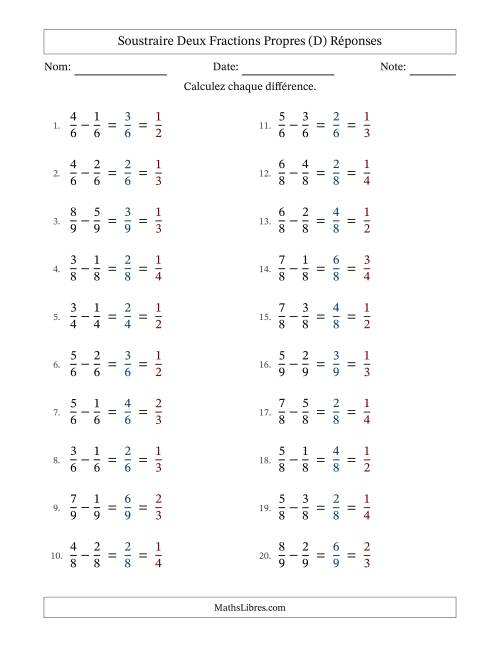 Soustraire deux fractions propres avec des dénominateurs égaux, résultats en fractions propres, et avec simplification dans tous les problèmes (Remplissable) (D) page 2