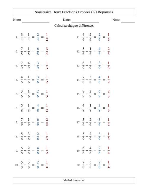Soustraire deux fractions propres avec des dénominateurs égaux, résultats en fractions propres, et avec simplification dans tous les problèmes (Remplissable) (G) page 2