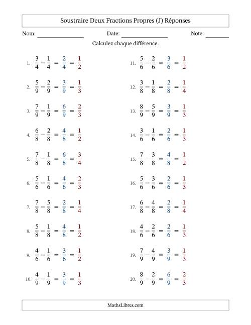 Soustraire deux fractions propres avec des dénominateurs égaux, résultats en fractions propres, et avec simplification dans tous les problèmes (Remplissable) (J) page 2