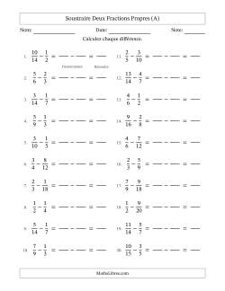 Soustraire deux fractions propres avec des dénominateurs similaires, résultats en fractions propres, et sans simplification (Remplissable)