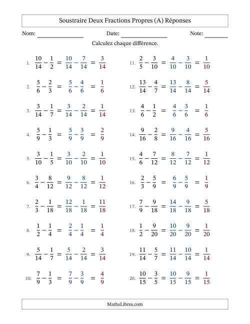 Soustraire deux fractions propres avec des dénominateurs similaires, résultats en fractions propres, et sans simplification (Remplissable) (A) page 2