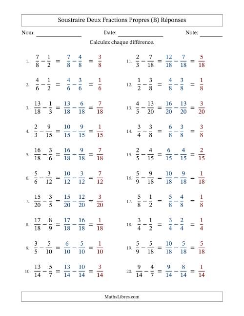 Soustraire deux fractions propres avec des dénominateurs similaires, résultats en fractions propres, et sans simplification (Remplissable) (B) page 2