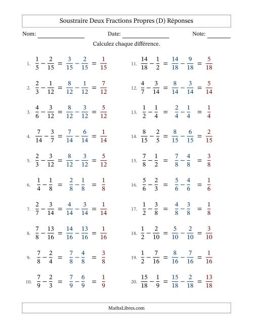 Soustraire deux fractions propres avec des dénominateurs similaires, résultats en fractions propres, et sans simplification (Remplissable) (D) page 2