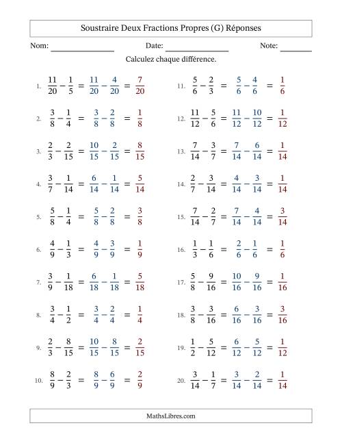 Soustraire deux fractions propres avec des dénominateurs similaires, résultats en fractions propres, et sans simplification (Remplissable) (G) page 2