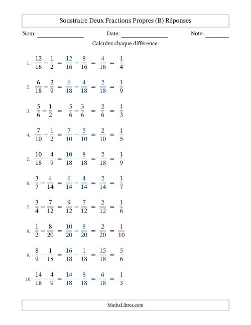 Soustraire deux fractions propres avec des dénominateurs similaires, résultats en fractions propres, et avec simplification dans tous les problèmes (Remplissable) (B) page 2