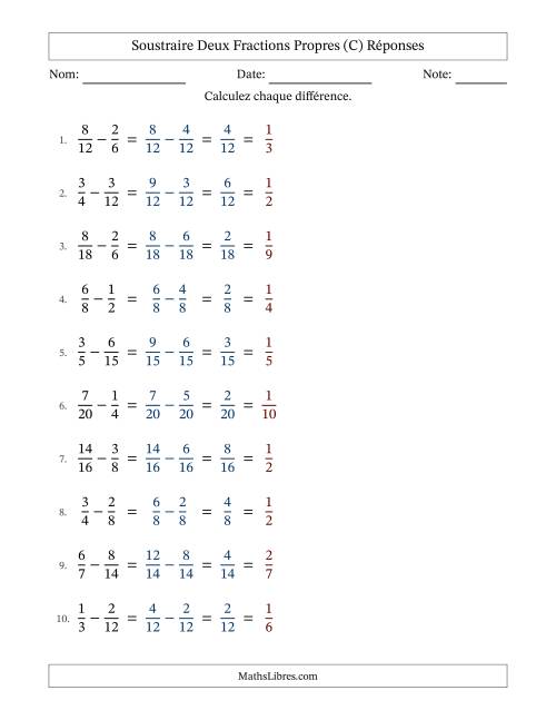 Soustraire deux fractions propres avec des dénominateurs similaires, résultats en fractions propres, et avec simplification dans tous les problèmes (Remplissable) (C) page 2
