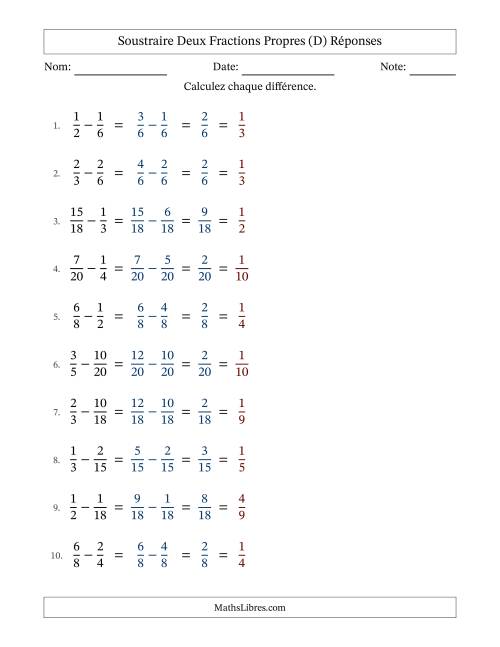 Soustraire deux fractions propres avec des dénominateurs similaires, résultats en fractions propres, et avec simplification dans tous les problèmes (Remplissable) (D) page 2