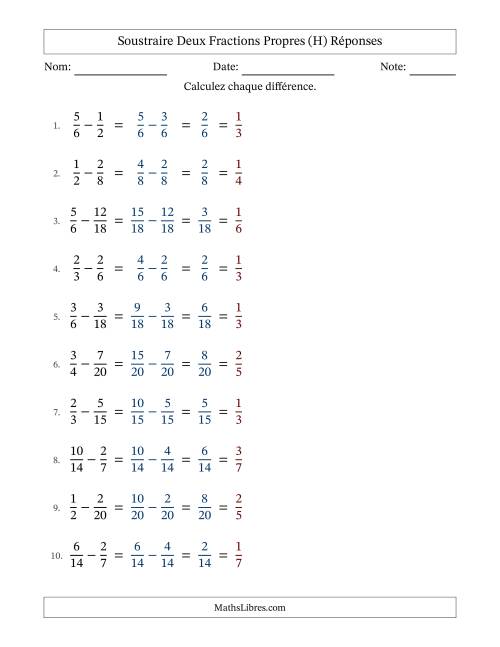 Soustraire deux fractions propres avec des dénominateurs similaires, résultats en fractions propres, et avec simplification dans tous les problèmes (Remplissable) (H) page 2
