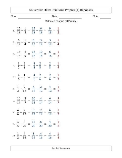 Soustraire deux fractions propres avec des dénominateurs similaires, résultats en fractions propres, et avec simplification dans tous les problèmes (Remplissable) (J) page 2