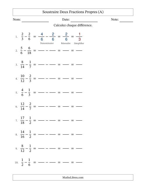 Soustraire deux fractions propres avec des dénominateurs similaires, résultats en fractions propres, et avec simplification dans tous les problèmes (Remplissable) (Tout)