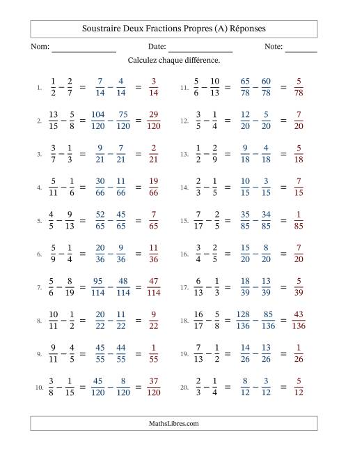 Soustraire deux fractions propres avec des dénominateurs différents, résultats en fractions propres, et sans simplification (Remplissable) (A) page 2
