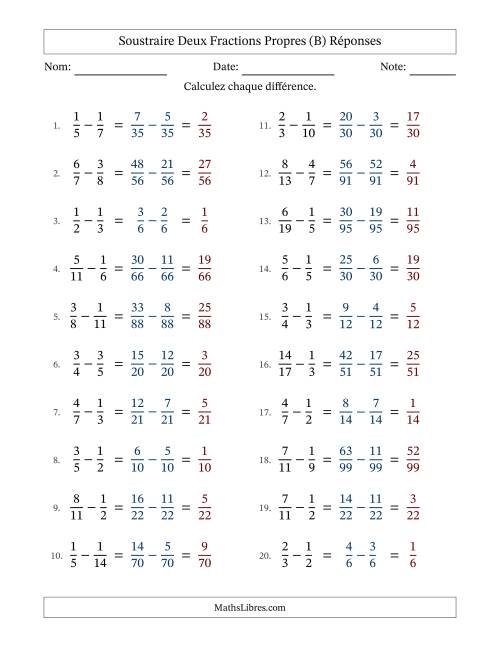 Soustraire deux fractions propres avec des dénominateurs différents, résultats en fractions propres, et sans simplification (Remplissable) (B) page 2
