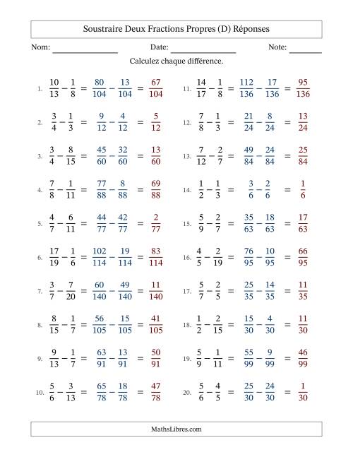 Soustraire deux fractions propres avec des dénominateurs différents, résultats en fractions propres, et sans simplification (Remplissable) (D) page 2