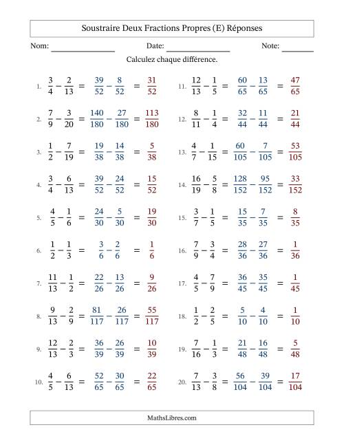 Soustraire deux fractions propres avec des dénominateurs différents, résultats en fractions propres, et sans simplification (Remplissable) (E) page 2