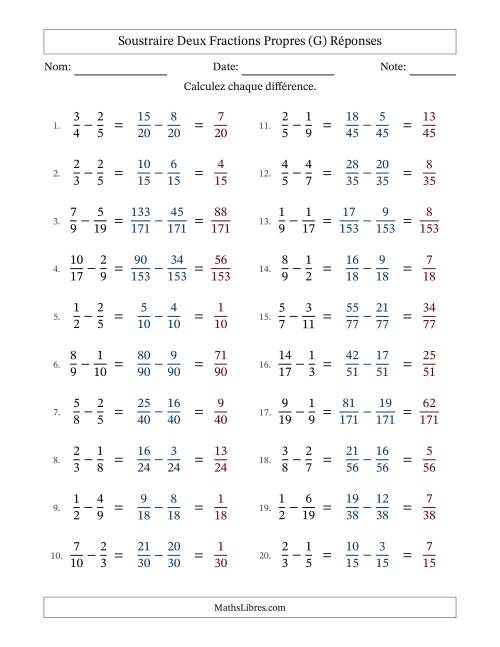 Soustraire deux fractions propres avec des dénominateurs différents, résultats en fractions propres, et sans simplification (Remplissable) (G) page 2