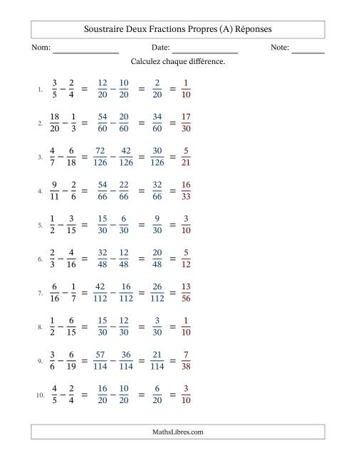 Soustraire deux fractions propres avec des dénominateurs différents, résultats en fractions propres, et avec simplification dans tous les problèmes (Remplissable) (A) page 2