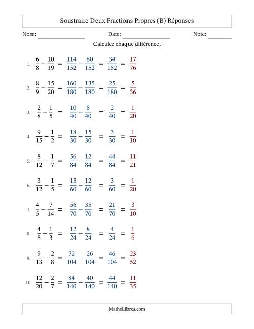 Soustraire deux fractions propres avec des dénominateurs différents, résultats en fractions propres, et avec simplification dans tous les problèmes (Remplissable) (B) page 2
