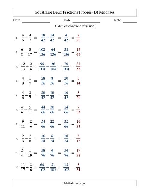 Soustraire deux fractions propres avec des dénominateurs différents, résultats en fractions propres, et avec simplification dans tous les problèmes (Remplissable) (D) page 2