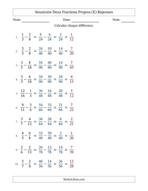 Soustraire deux fractions propres avec des dénominateurs différents, résultats en fractions propres, et avec simplification dans tous les problèmes (Remplissable) (E) page 2