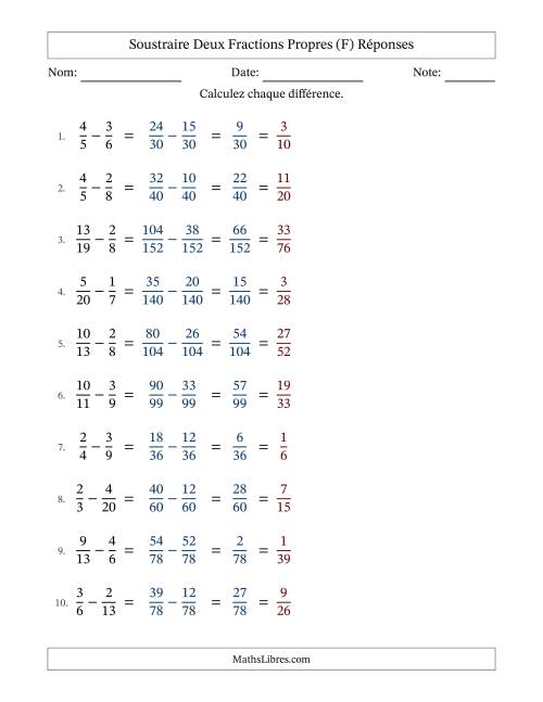 Soustraire deux fractions propres avec des dénominateurs différents, résultats en fractions propres, et avec simplification dans tous les problèmes (Remplissable) (F) page 2