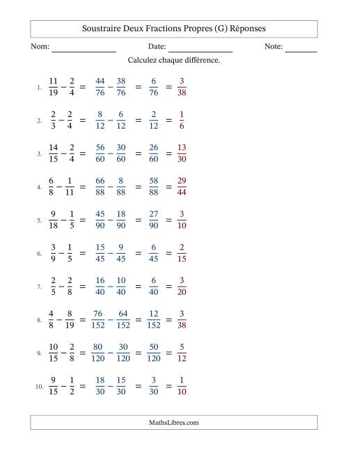 Soustraire deux fractions propres avec des dénominateurs différents, résultats en fractions propres, et avec simplification dans tous les problèmes (Remplissable) (G) page 2