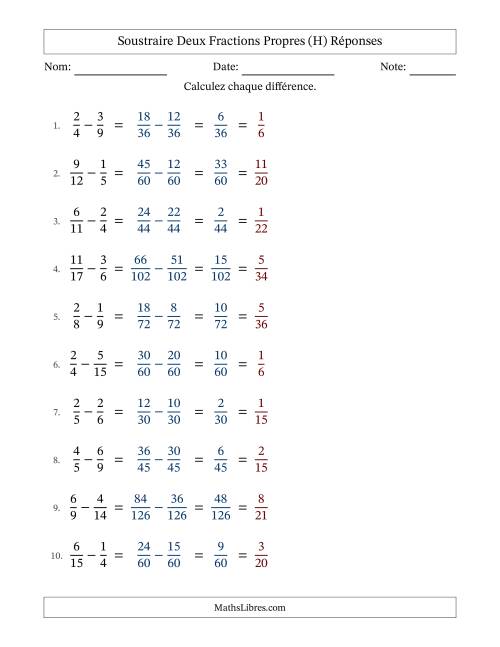 Soustraire deux fractions propres avec des dénominateurs différents, résultats en fractions propres, et avec simplification dans tous les problèmes (Remplissable) (H) page 2