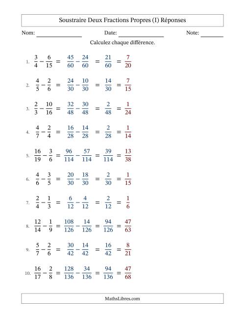 Soustraire deux fractions propres avec des dénominateurs différents, résultats en fractions propres, et avec simplification dans tous les problèmes (Remplissable) (I) page 2