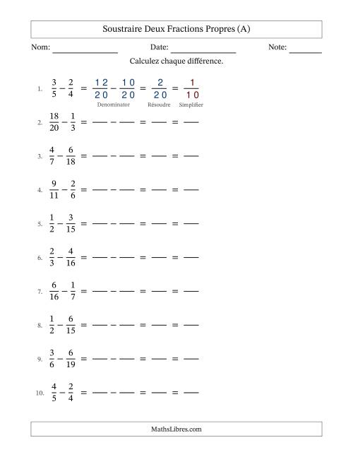 Soustraire deux fractions propres avec des dénominateurs différents, résultats en fractions propres, et avec simplification dans tous les problèmes (Remplissable) (Tout)