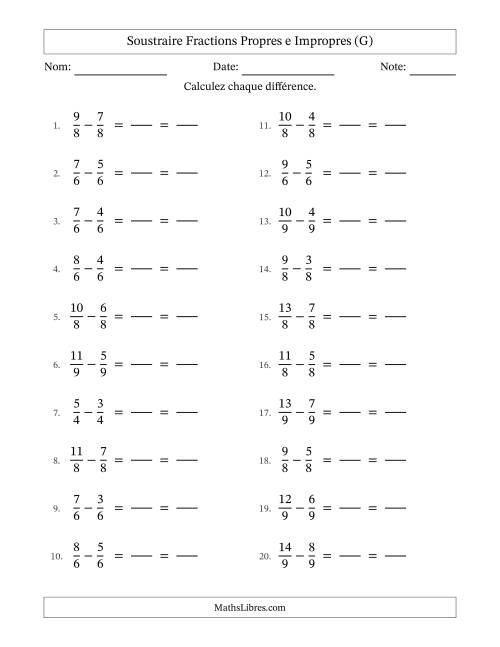 Soustraire fractions propres e impropres avec des dénominateurs égaux, résultats en fractions propres, et avec simplification dans tous les problèmes (Remplissable) (G)