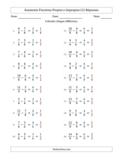 Soustraire fractions propres e impropres avec des dénominateurs égaux, résultats en fractions propres, et avec simplification dans tous les problèmes (Remplissable) (G) page 2