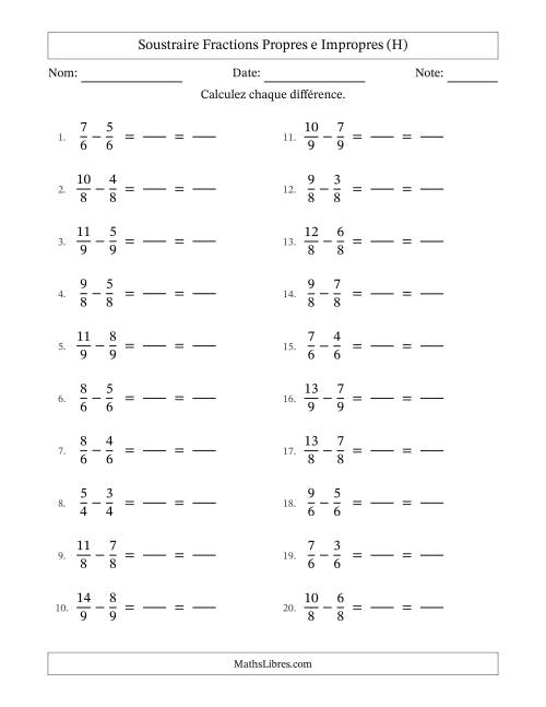 Soustraire fractions propres e impropres avec des dénominateurs égaux, résultats en fractions propres, et avec simplification dans tous les problèmes (Remplissable) (H)