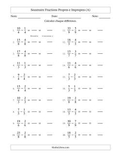 Soustraire fractions propres e impropres avec des dénominateurs égaux, résultats en fractions mixtes, et sans simplification (Remplissable)