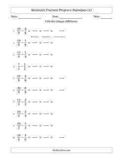 Soustraire fractions propres e impropres avec des dénominateurs égaux, résultats en fractions mixtes, et avec simplification dans tous les problèmes (Remplissable)