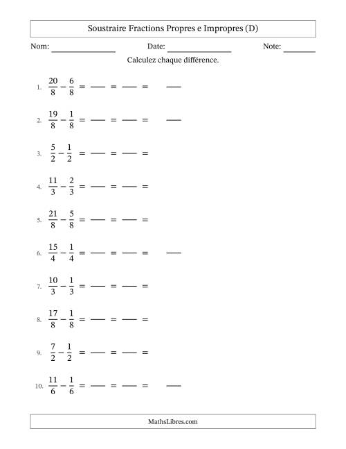 Soustraire fractions propres e impropres avec des dénominateurs égaux, résultats en fractions mixtes, et avec simplification dans tous les problèmes (Remplissable) (D)