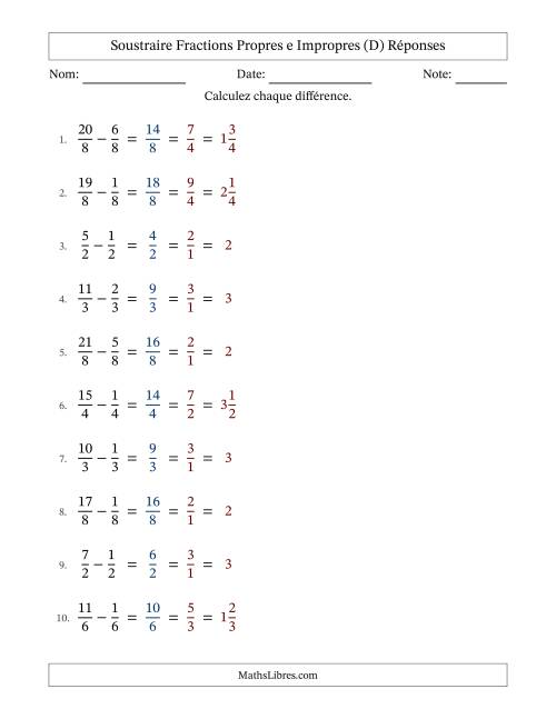 Soustraire fractions propres e impropres avec des dénominateurs égaux, résultats en fractions mixtes, et avec simplification dans tous les problèmes (Remplissable) (D) page 2