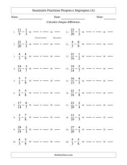 Soustraire fractions propres e impropres avec des dénominateurs similaires, résultats en fractions propres, et sans simplification (Remplissable)