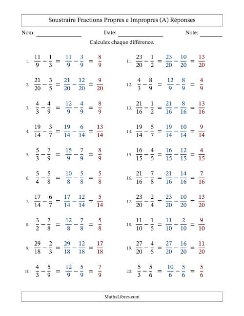 Soustraire fractions propres e impropres avec des dénominateurs similaires, résultats en fractions propres, et sans simplification (Remplissable) (A) page 2