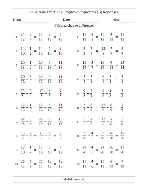 Soustraire fractions propres e impropres avec des dénominateurs similaires, résultats en fractions propres, et sans simplification (Remplissable) (B) page 2