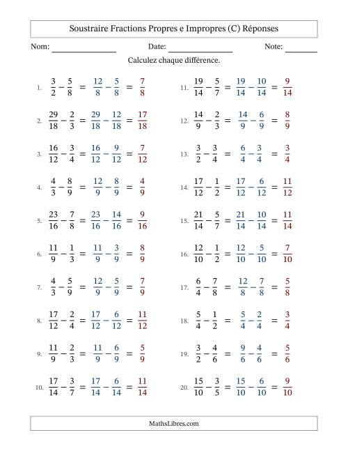 Soustraire fractions propres e impropres avec des dénominateurs similaires, résultats en fractions propres, et sans simplification (Remplissable) (C) page 2