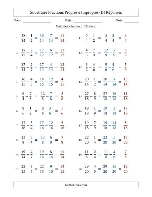 Soustraire fractions propres e impropres avec des dénominateurs similaires, résultats en fractions propres, et sans simplification (Remplissable) (D) page 2
