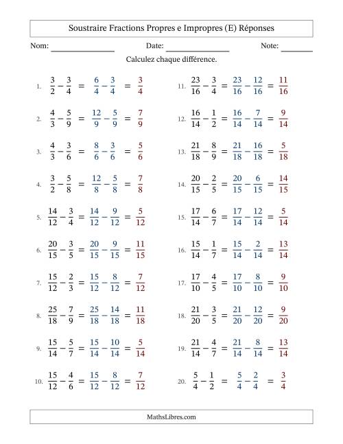 Soustraire fractions propres e impropres avec des dénominateurs similaires, résultats en fractions propres, et sans simplification (Remplissable) (E) page 2