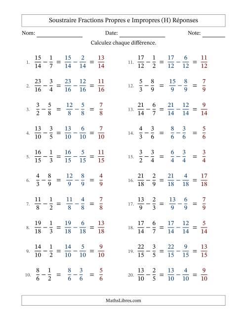 Soustraire fractions propres e impropres avec des dénominateurs similaires, résultats en fractions propres, et sans simplification (Remplissable) (H) page 2