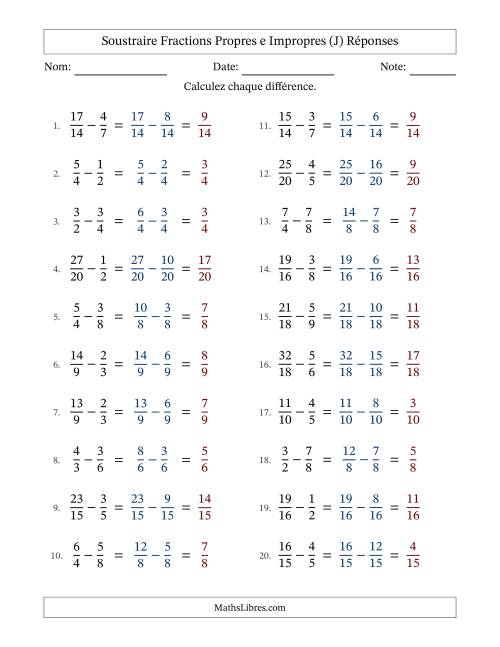 Soustraire fractions propres e impropres avec des dénominateurs similaires, résultats en fractions propres, et sans simplification (Remplissable) (J) page 2