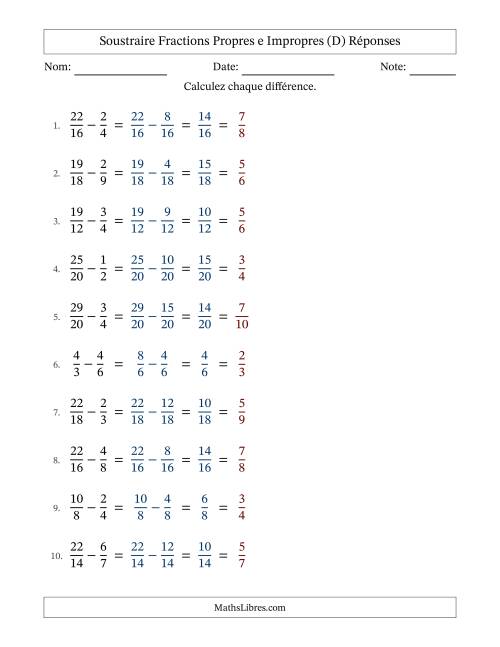 Soustraire fractions propres e impropres avec des dénominateurs similaires, résultats en fractions propres, et avec simplification dans tous les problèmes (Remplissable) (D) page 2