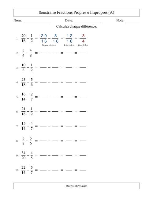 Soustraire fractions propres e impropres avec des dénominateurs similaires, résultats en fractions propres, et avec simplification dans tous les problèmes (Remplissable) (Tout)