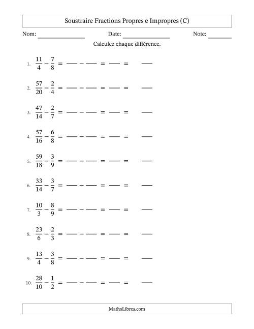 Soustraire fractions propres e impropres avec des dénominateurs similaires, résultats en fractions mixtes, et sans simplification (Remplissable) (C)