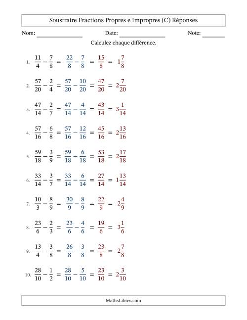 Soustraire fractions propres e impropres avec des dénominateurs similaires, résultats en fractions mixtes, et sans simplification (Remplissable) (C) page 2