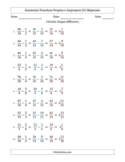Soustraire fractions propres e impropres avec des dénominateurs similaires, résultats en fractions mixtes, et sans simplification (Remplissable) (G) page 2